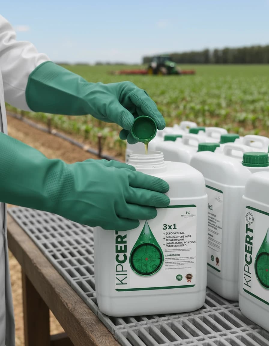 Aplicação do produto Kip Certo em lavoura verde, destacando o aumento da produtividade e a qualidade da calda nas fases vegetativas e reprodutivas.